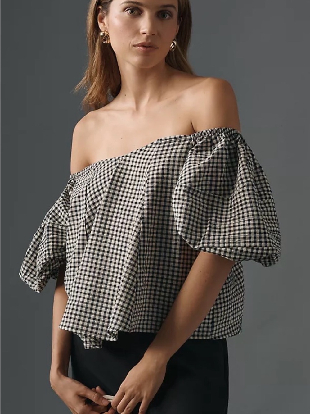 Anthropologie Black and White Gingham Off-Shoulder Puff Sleeve Top